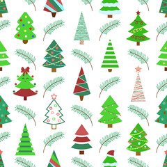 Christmas trees pattern. New Year seamless background with decorated pines, firs, tree branches. Vector illustration