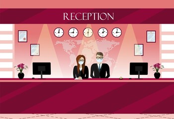 Receptionist man and woman in protective medical mask behind workplace in hotel. Interior of modern reception desk in waiting room, flat vector illustration