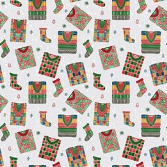 Watercolor pattern with Christmas winter sweaters and socks for new year