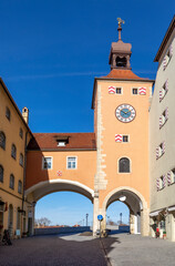 historic bridge tower, gate to old stone bridge crossing river Danube, Bavaria,
