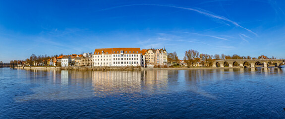 panoramic view to Regensburg with river Danube, Germany