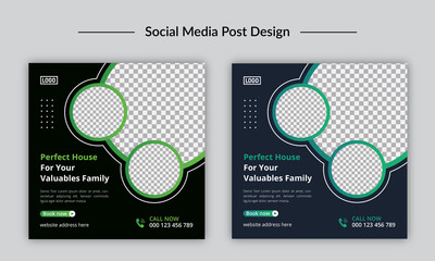 Real estate business social media post vector design template. Creative online advertising social media banner layout