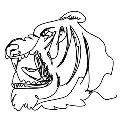 A snarling tiger head in a single line doodle style. Vector illustration of a predatory animal. Chinese symbol of 2022.