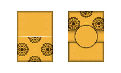 Yellow greeting flyer with old brown pattern is ready for printing.