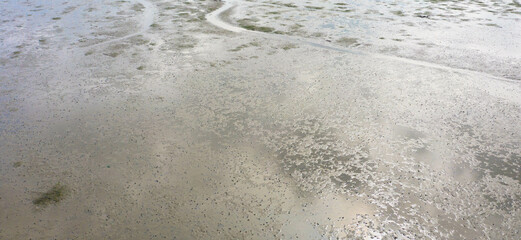 Aerial view of Unesco World Heritage site in the Waddensea, Friesland. The difference between high tide and low tide gives the mud bottom of the ocean an abstract view.