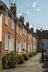 Facade of British terraced brick houses at Saffron Walden, England