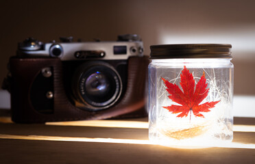 illuminated maple leaf on the background of a vintage camera