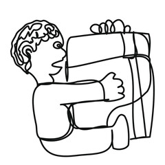 Boy holding a gift in one line on a white background. Abstract vector illustration with birthday boy.