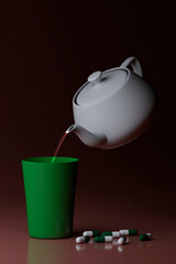 3D rendering, Medicine potion with teapot and glass on dark background