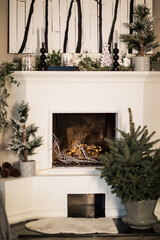 fireplace decorated with New Year's decor