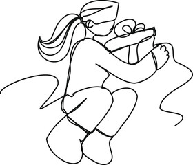 A sitting girl holds a gift in one line on white background. Abstract man in VR glasses. Festive monochrome illustration.