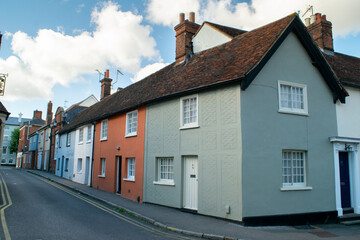Facade of colorful terraced cottage houses at Saffron Walden, England