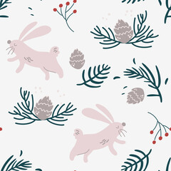 Rabbits, fir branches and cones seamless pattern. Winter forest background. Beautiful Christmas seamless, repeated pattern. Scrapbooking, paper, fabric. Vector hand draw cartoon illustration.