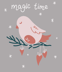 Christmas bird is sitting on a branch. Magic time. Template of Christmas card for xmas design with bird and lettering. Winter holiday symbol. Vector hand draw cartoon illustration.