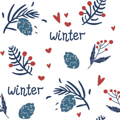 Fototapeta na wymiar Christmas Fir Twigs Winter Seamless Pattern. Lettering, cones and berries. Beautiful Christmas seamless, repeated pattern. Scrapbooking, paper, fabric. Vector hand draw cartoon illustration.