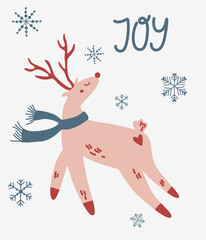 Christmas deer with a scarf. Lettering. Template of Christmas card for xmas design. Winter holiday symbol. Vector hand draw cartoon illustration.