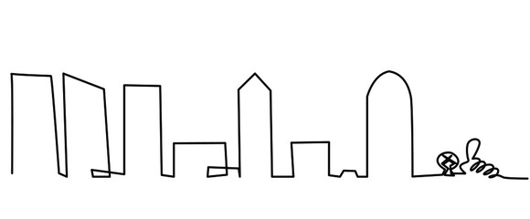 Megapolis one line on white background Outline big town. Black line on isolate. Stock vector illustration. Part of the city with a small park.