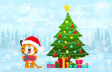 Christmas card with a tiger and a decorated tree. Greeting card template "Year of the Tiger" 2022. Happy New Year.