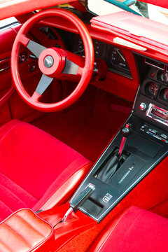Wroclaw, Poland, August 1, 2021: beautiful red interior of a sports car.