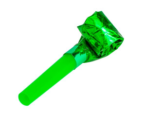 Green foil party horn whistle noisemaker isolated on the white background