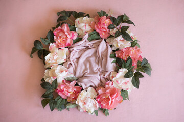 Pink flowers on a pink background. Digital backdrop for newborn and baby photography