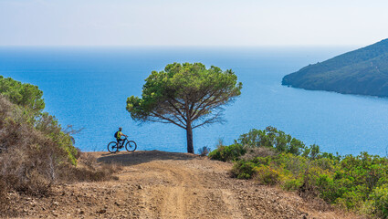 Fototapeta na wymiar nice woman riding her electric mountain bike at the coastline of mediterranean sea on the Island of Elba in the tuscan Archipelago Tuscany, Italy