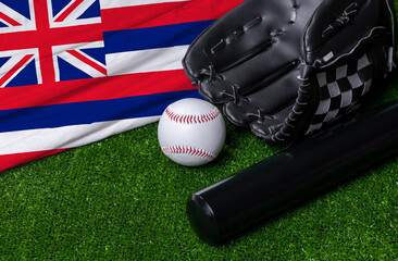 Baseball bat, glove and ball near Hawaii flag on green grass background