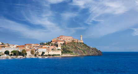 city scape and skyline of Portoferraio and its famous fortress , capital of the Island of Elba, Tuscan Archipelago, Tuscany, Italy