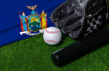 Baseball bat, glove and ball near New York flag on green grass background