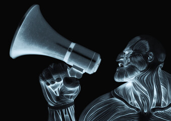 Naklejka premium bodybuilder muscle maps is protesting and talking on the megaphone in white background close up view