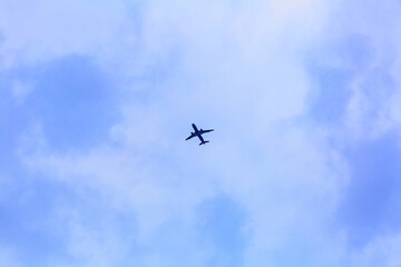 Fototapeta na wymiar Wide-body civil aviation aircraft flying in the scenic sky