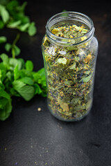 herbal tea medicinal herbs, leaves, flowers leaves fresh meal on the table copy space food background 