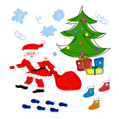 Christmas set in doodle style. Santa Claus, tree, boots, snowflakes, gifts.