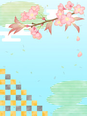 桜の和柄フレーム（縦）桜と市松と空