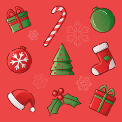 Merry Christmas set. Christmas balls, Christmas tree, boxes with gifts, Santa Claus hat, snowflakes on a red background. Merry Christmas and Happy New Year. Collection of Christmas symbols.