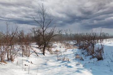 Winter landscape with snowy field and grey low clouds 