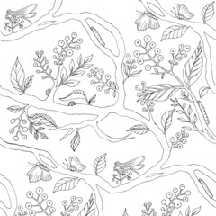 Seamless pattern of blooming garden with berries,leaves, butterflies.Black and white style, hand drawn illustration. Print for fabric, textiles, wallpaper, flower paper and others. Vector illustration