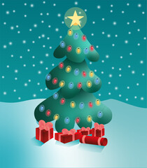 christmas tree with glowing garland and gifts