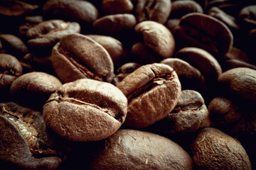 Close-up of roasted coffee beans. Coffee, beverage, producing