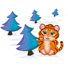 Cute tiger in the forest. Cartoon vector illustration. 