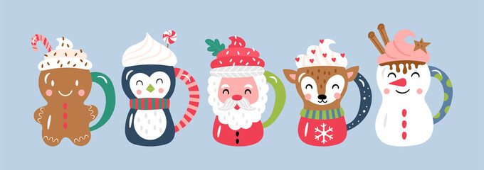 Christmas holiday cute cocoa chocolate cup set. Childish print for cards, stickers, apparel and decoration.