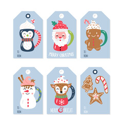 Fototapeta premium Christmas holiday gift tags and labels set with cute hot cocoa chocolate cup. Childish print