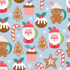 Seamless pattern for Christmas holiday with cute hot chocolate cup amd cookies. Childish background for fabric, wrapping paper, textile, wallpaper and greeting cards