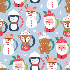 Christmas holiday cute cocoa chocolate cup set. Childish print for cards, stickers, apparel and decoration.