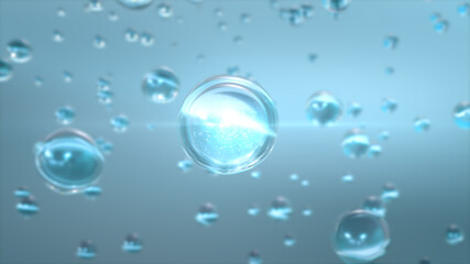 Cosmetic 3d Blue bubble design on background Abstract science background with bubbles on water. Cosmetic essentials serum concept.