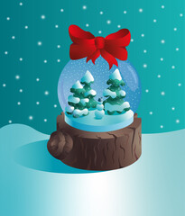 snow globe with a big red bow with Christmas trees and snow inside