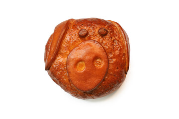Pig pie isolated on white background. Pig bun, piggy dinner pie, adorable edible pigs from dough, creative bakery