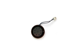 Small microphone of the overhearing device isolated on white background. Micro listening device