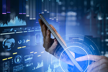 Businesswoman with tablet, hud with earth map and diverse digital icons