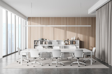 Stylish white meeting table in panoramic CEO office